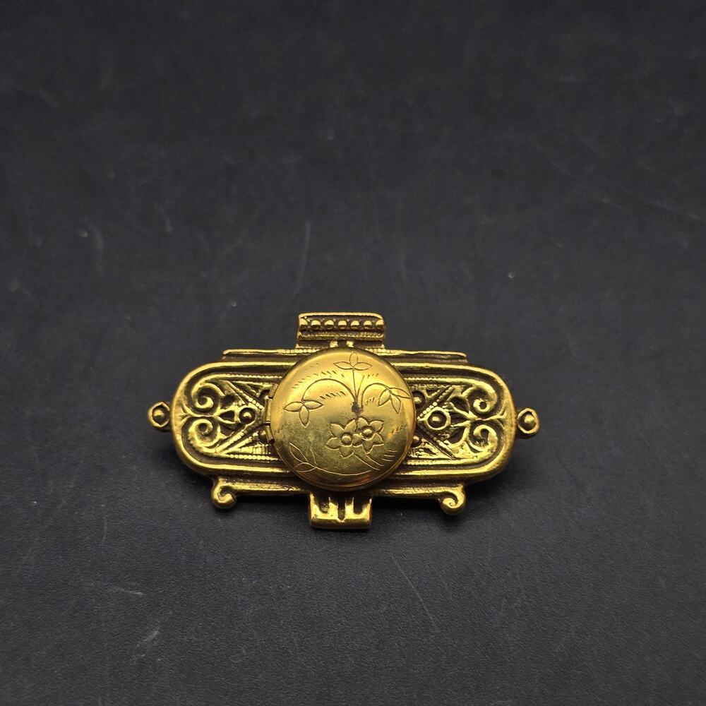 Avon Etched Locket Brooch Gold Tone Vintage Costume Jewelry